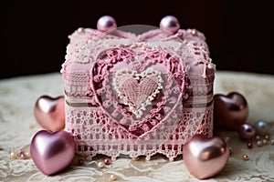 A pink heart-shaped box is placed on top of a table, Valentine\'s Day gift box adorned with lacy hearts, AI Generated