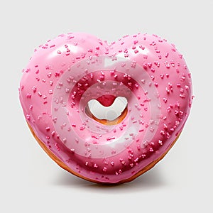 Pink heart shaped donut isolated on white background.