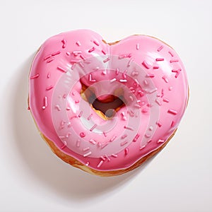 Pink heart-shaped donut with pink sprinkles isolated on white background