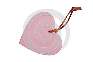 Pink heart shaped leather price tag with leather cord isolated o