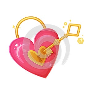 Pink heart shaped lock and golden key. Valentine day, romantic feelings, wedding symbol concept.