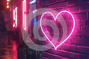 Pink heart shaped neon sign on brick wall