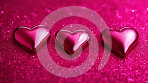 pink heart on a sparkly pink background red hearts on a pink glitter background. The hearts are bright and have some reflections