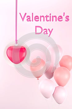 Pink heart tag and balloons on pink background. Happy Valentime`s day concept