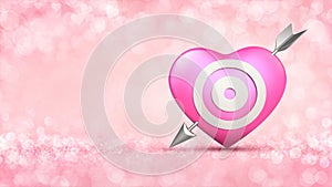 Pink heart with target and metallic arrow concept on glamour bright bokeh background.
