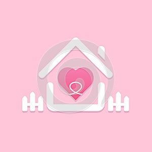 The pink heart is in the white house. Family stay safe, flat design symbol vector