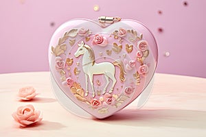 Pink heart with white unicorn on pink background. 3d illustration. A heart shaped gift box invites the viewer to open, AI