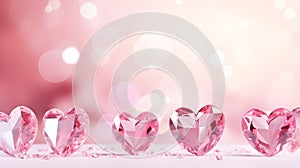 Pink hearts banner. Valentine Day banner with pink crystal hearts on pink bokeh background, love banner or greeting card.