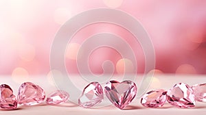 Pink hearts banner. Valentine Day banner with pink crystal hearts on pink bokeh background, love banner or greeting card.