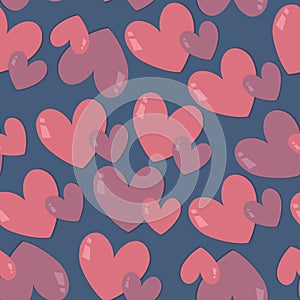 Pink hearts on blue background. Seamless vector pastel pattern