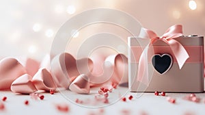 Pink hearts and gift box on white background with bokeh light, AI