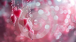 Pink hearts hanging from a string on a blurred background