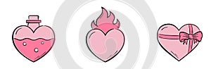 pink hearts icons. love perfume, flaming heart and heart with ribbon. love and romantic symbols. valentines day design