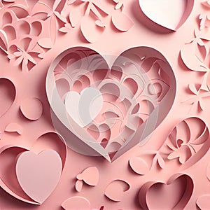 Pink Hearts Of Paper On Textured Background. Valentine Day. Happy Mother's Day