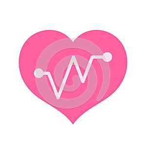 Pink hearts shape with beat pulse line isolated on white, heart wave icon flat, clip art heartbeat of medical apps and website,