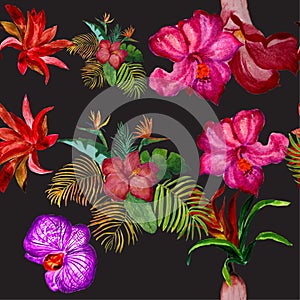 Pink Hibiscus Backdrop. Purple Flower Set. Green Watercolor Set. Yellow Floral Garden. Colorful Seamless Jungle. Red Pattern Wallp