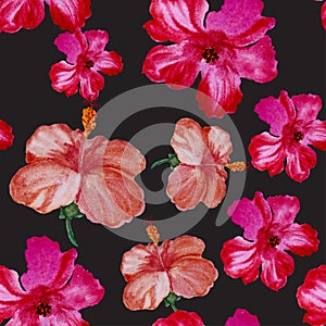 Pink Hibiscus Design. Orange Flower Illustration. Red Seamless Plant. Purple Vintage Illustration. Pattern Textile. Watercolor Wal