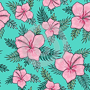 Pink hibiscus flowers with palm tree leaves seamless pattern on turquoise background. Great for spring and summer