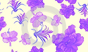 Pink Hibiscus Foliage. Violet Flower Foliage. Purple Seamless Jungle. Vanilla Watercolor Design. Pattern Set. Tropical Jungle. Exo