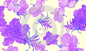 Pink Hibiscus Illustration. Purple Flower Palm. Vanilla Seamless Palm. Violet Watercolor Set. Pattern Garden. Tropical Plant. Exot