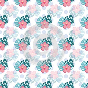 Pink hibiscus with montera leaves seamless pattern design