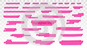 Pink highlighter lines set isolated on transparent background. Marker pen highlight underline strokes. Vector hand drawn