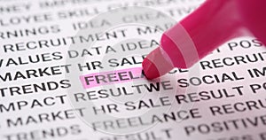 Pink highlighter pen marks word freelance. Macro shot, selective focus