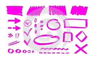 Pink highlighter stripe background, checkmark, dot, line, oval, dotted line, arrow, rectangle. Hand drawn vector elements