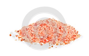 Pink Himalayan salt, coarse grain on a white background