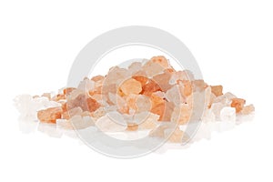Pink himalayan salt crystals isolated on white