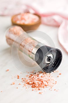 Pink himalayan salt on kitchen table