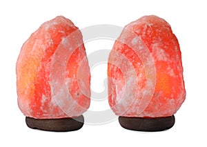 Pink Himalayan salt lamps on white background, collage