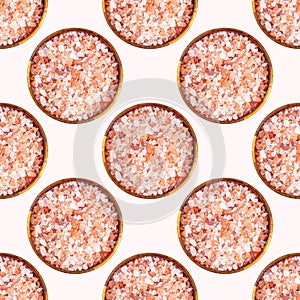 Pink himalayan salt in round wooden bowl repeat seamless pattern on light background.