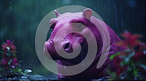 Pink Hippo In Rain: A Cinematic Rendering Of A Felt Stop-motion Oasis photo
