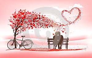 A Pink Holiday Valentine\'s Day background. Tree with heart-shaped leaves