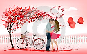Pink Holiday Valentine`s Day background. Tree with heart-shaped leaves and couple
