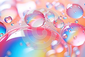 Pink holographic bubbles floating on the soft colorful abstract background in beautiful vivid tones.