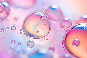 Pink holographic bubbles floating on the soft colorful abstract background in beautiful vivid tones.