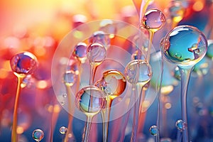 Pink holographic bubbles floating on the soft colorful abstract background in beautiful vivid tones.