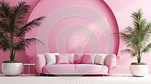 Pink home interior design in minimalistic and barbie style with palms