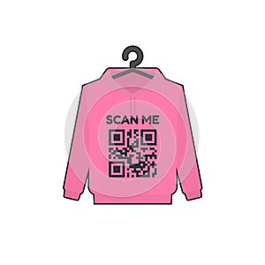 Pink hoodie and QR code with lettering `SCAN ME`