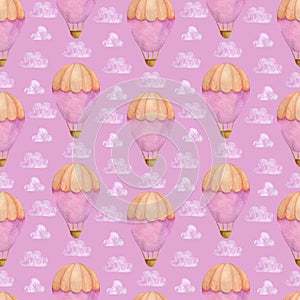 Pink hot air balloon watercolor seamless pattern, Air Transport