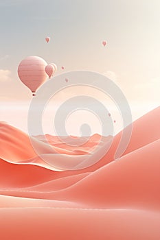 pink hot air balloons soaring over an expanse of golden sand dunes in a bright blue sky