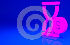 Pink Hourglass with dollar icon isolated on blue background. Money time. Sandglass and money. Growth, income, savings