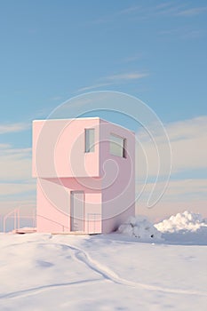 Pink house on snow-covered field