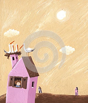 Pink house with storks nest on the roof