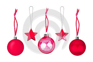 Pink ÃÂ¡hristmas tree decorations set white background isolated closeup, hanging red glass balls stars collection, New Year holiday