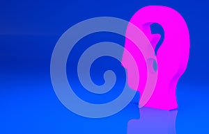 Pink Human head with question mark icon isolated on blue background. Minimalism concept. 3d illustration. 3D render