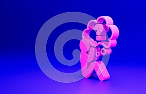 Pink Human head with question mark icon isolated on blue background. Minimalism concept. 3D render illustration