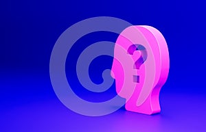 Pink Human head with question mark icon isolated on blue background. Minimalism concept. 3D render illustration